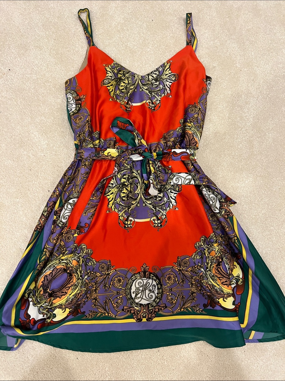 Vibrant Red & Purple Printed Spaghetti-Strap Mini Dress